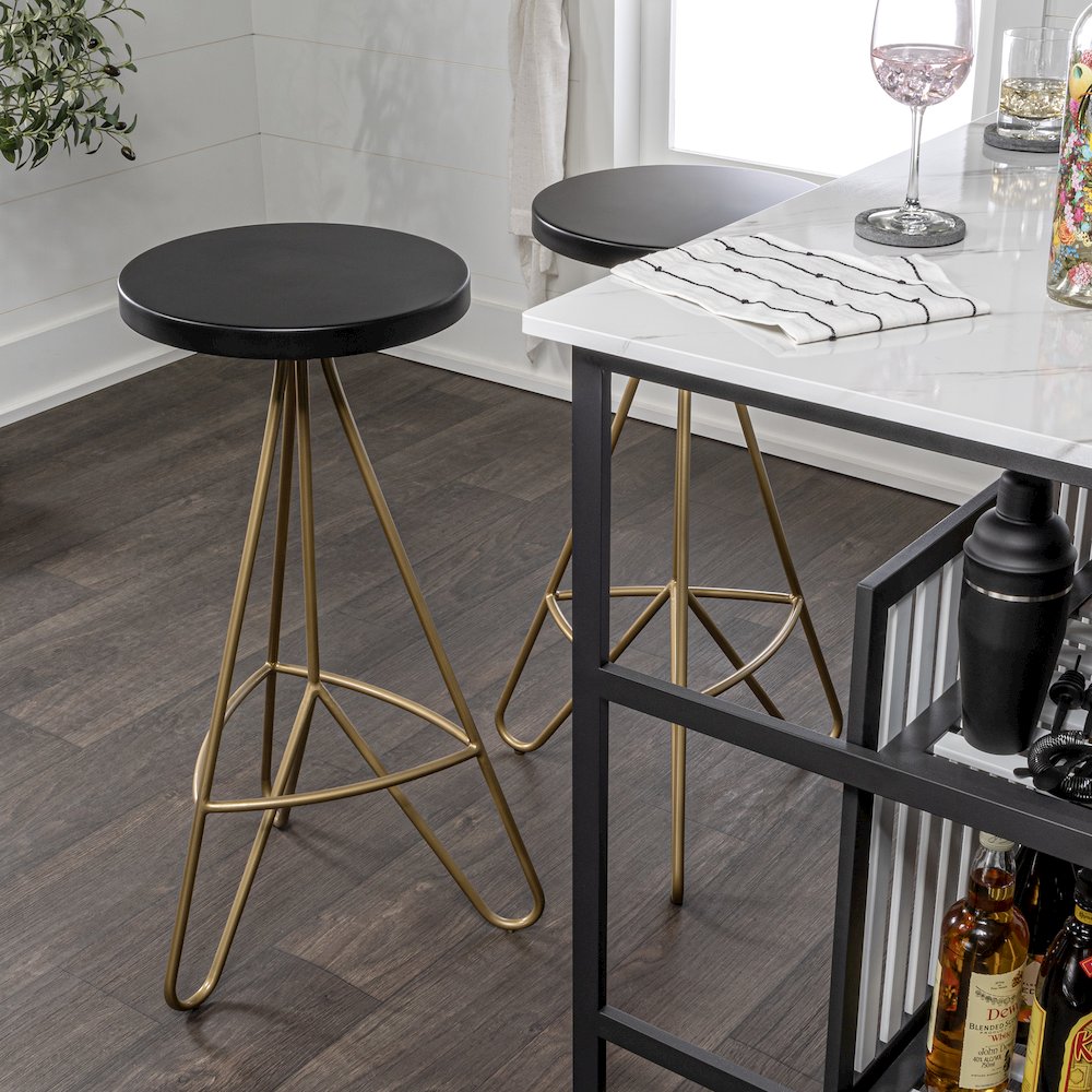 Trinity 30" Round Black & Gold Metal Backless Bar Stool with Hairpin Legs and. Picture 2