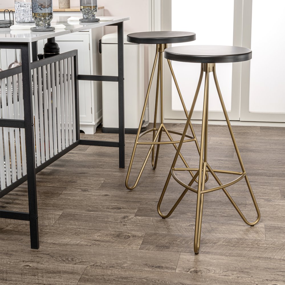 Trinity 30" Round Black & Gold Metal Backless Bar Stool with Hairpin Legs and. Picture 3