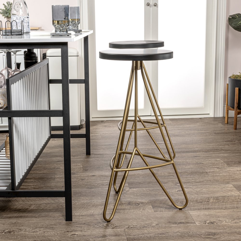 Trinity 30" Round Black & Gold Metal Backless Bar Stool with Hairpin Legs and. Picture 4