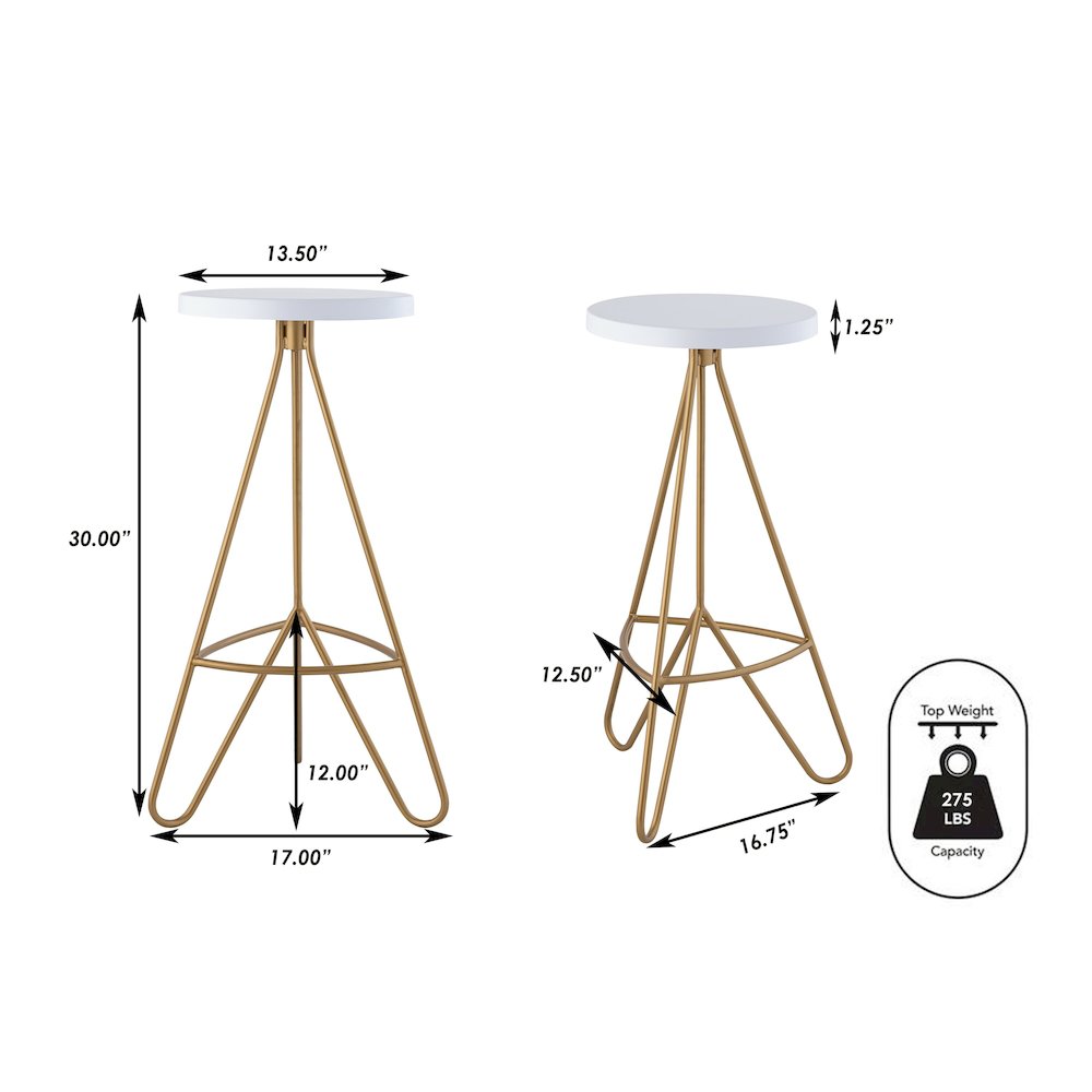 Trinity 30" Round White & Gold Metal Backless Bar Stool with Hairpin Legs and. Picture 7