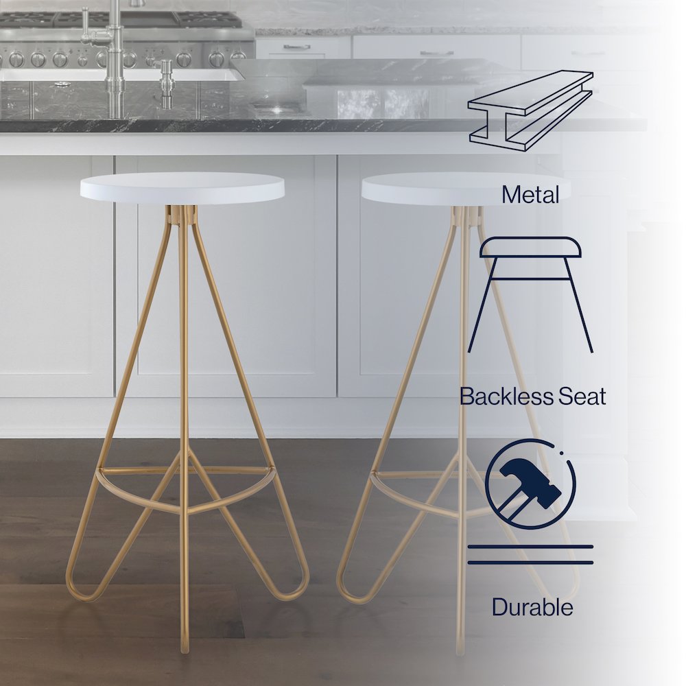 Trinity 30" Round White & Gold Metal Backless Bar Stool with Hairpin Legs and. Picture 8