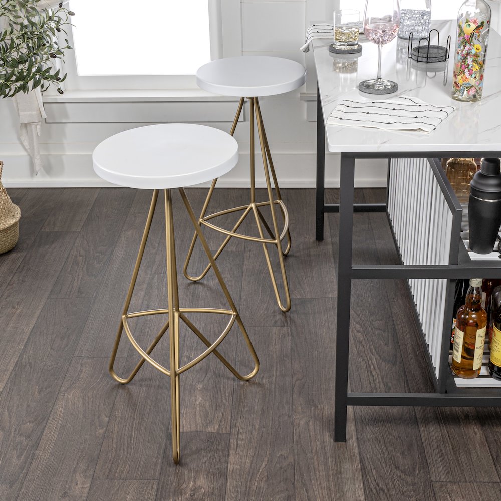 Trinity 30" Round White & Gold Metal Backless Bar Stool with Hairpin Legs and. Picture 1