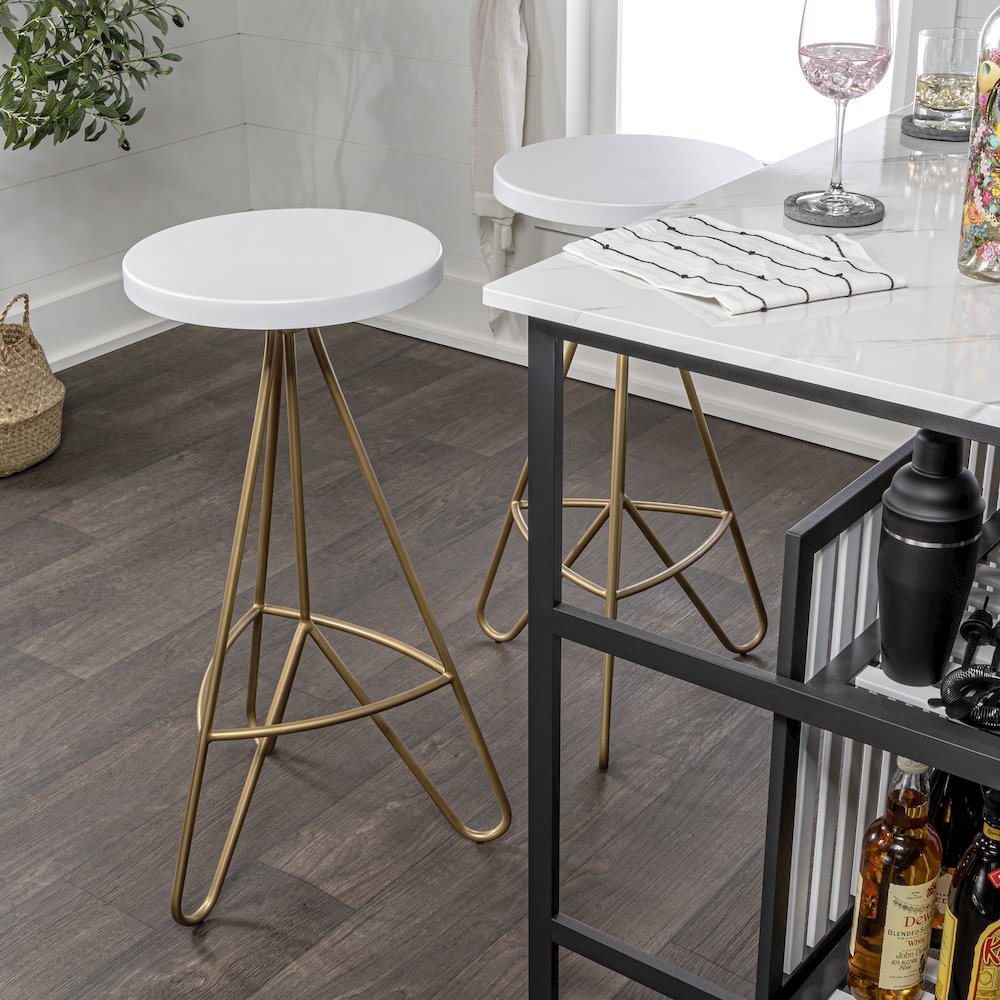 Trinity 30" Round White & Gold Metal Backless Bar Stool with Hairpin Legs and. Picture 2