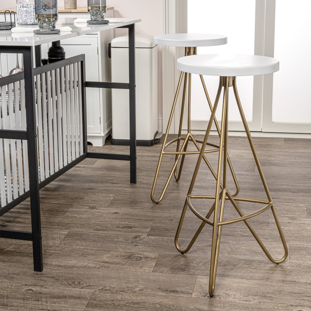 Trinity 30" Round White & Gold Metal Backless Bar Stool with Hairpin Legs and. Picture 3