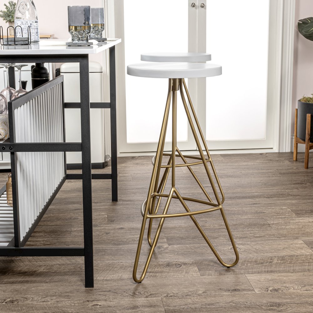 Trinity 30" Round White & Gold Metal Backless Bar Stool with Hairpin Legs and. Picture 4