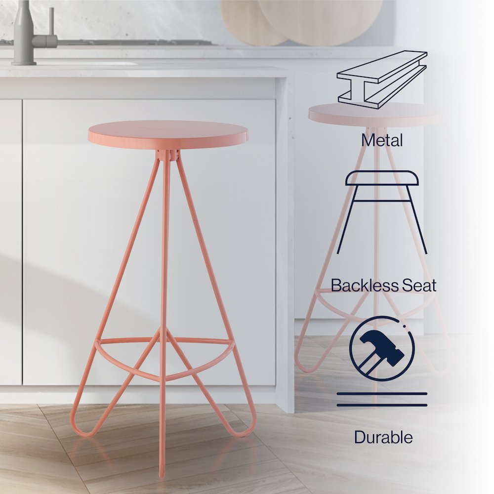 Trinity 30" Round Pink Metal Backless Bar Stool with Hairpin Legs and. Picture 8