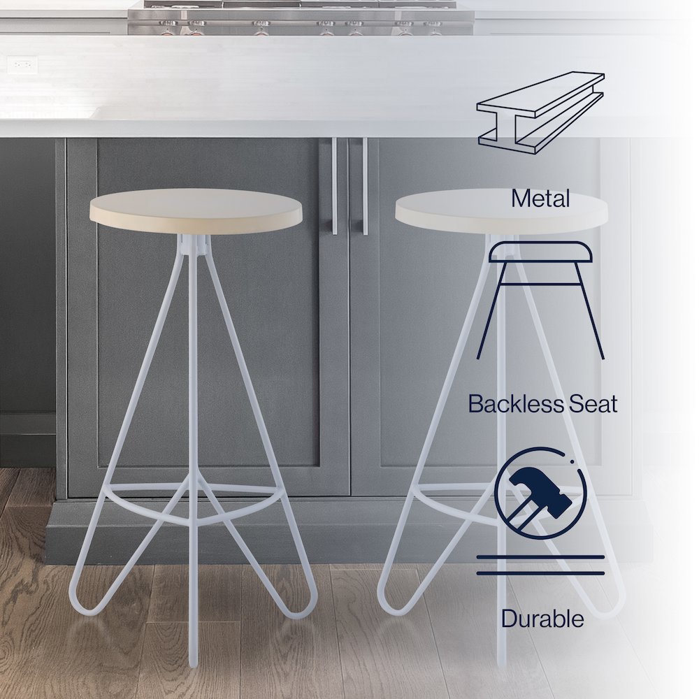 Trinity 30" Round Almond & White Metal Backless Bar Stool with Hairpin Legs and. Picture 8