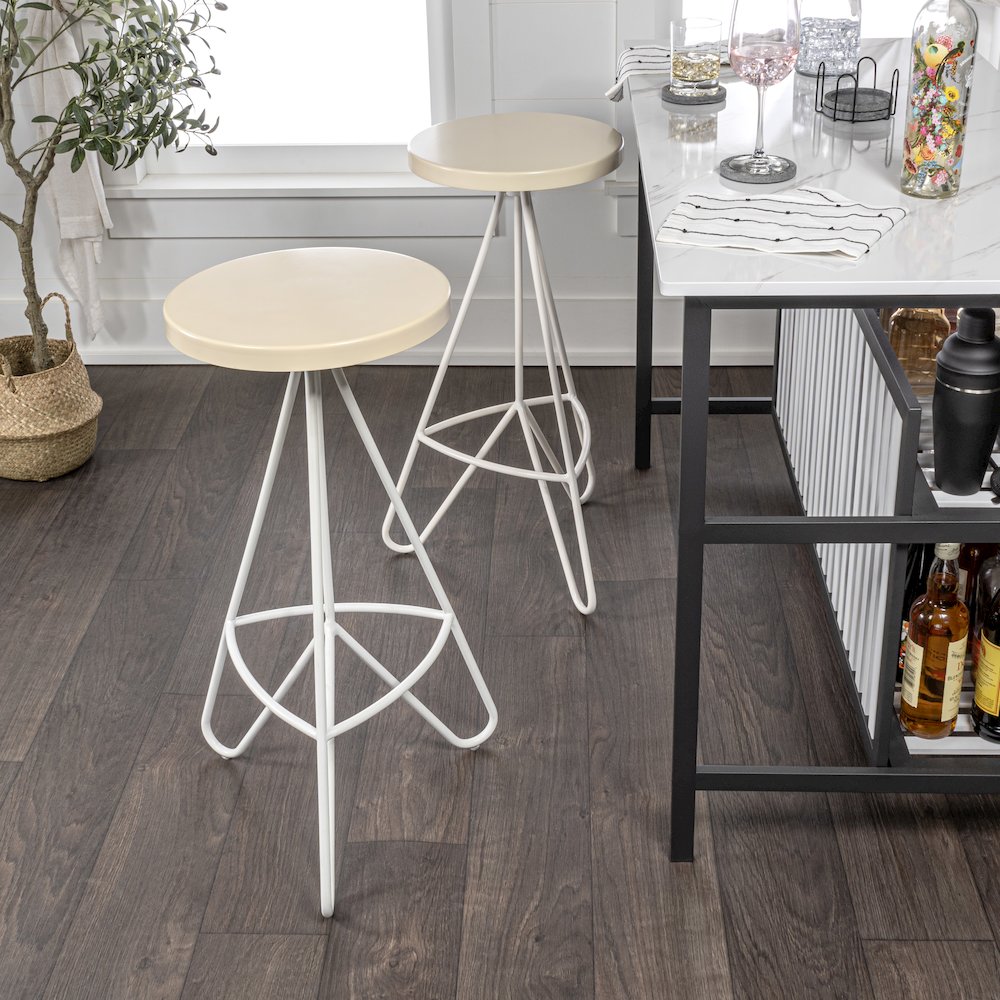 Trinity 30" Round Almond & White Metal Backless Bar Stool with Hairpin Legs and. Picture 1