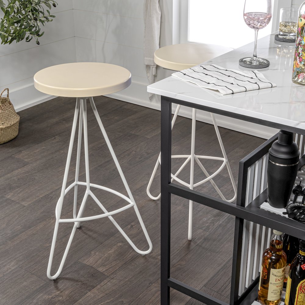 Trinity 30" Round Almond & White Metal Backless Bar Stool with Hairpin Legs and. Picture 2