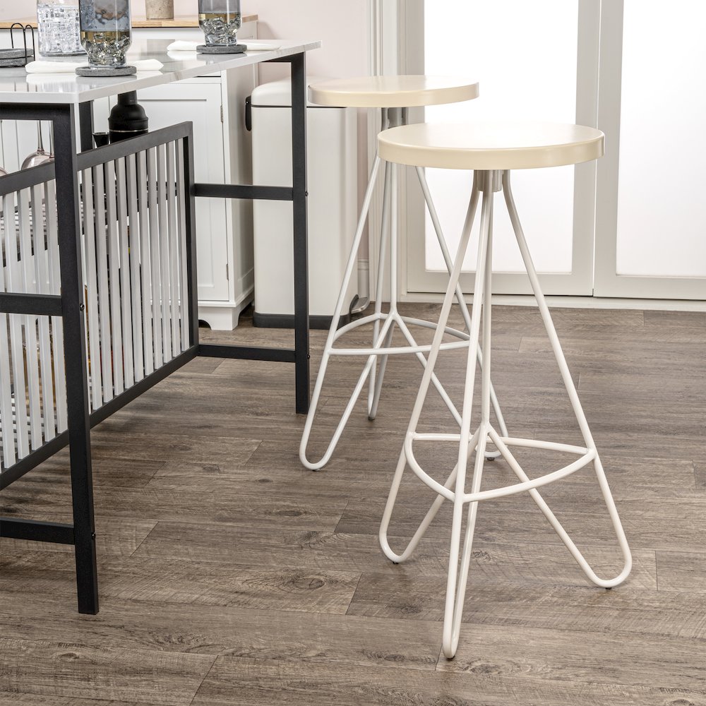 Trinity 30" Round Almond & White Metal Backless Bar Stool with Hairpin Legs and. Picture 3