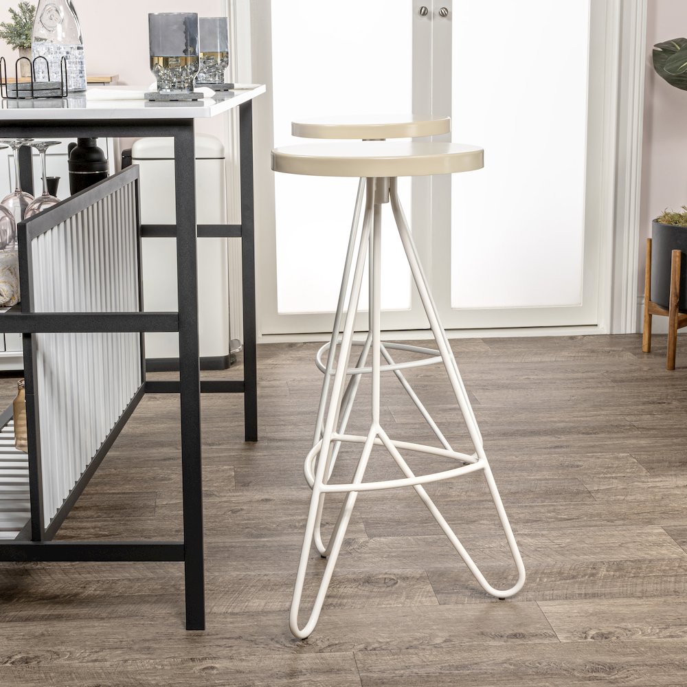 Trinity 30" Round Almond & White Metal Backless Bar Stool with Hairpin Legs and. Picture 4