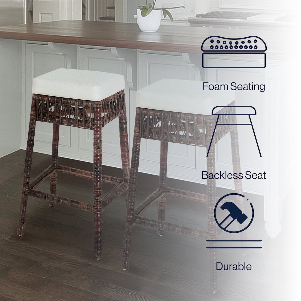 Bali 29.5" Bohemian Dark Brown Woven Rattan Backless Bar Stool with White. Picture 7