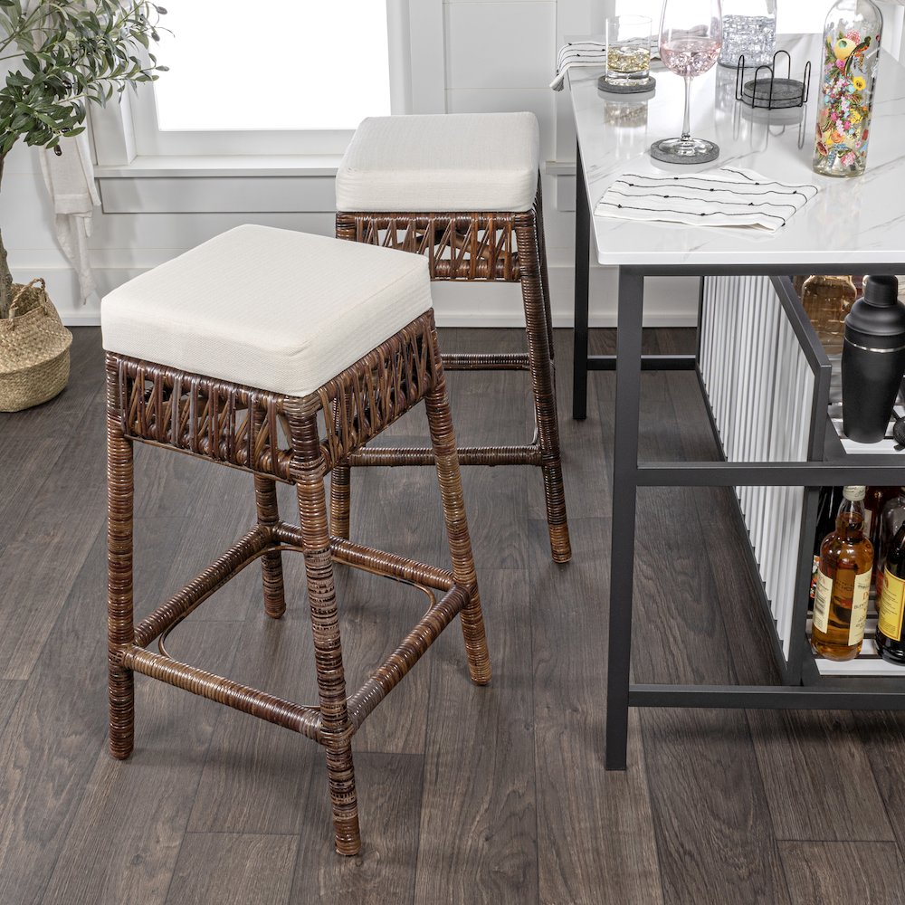 Bali 29.5" Bohemian Dark Brown Woven Rattan Backless Bar Stool with White. Picture 1