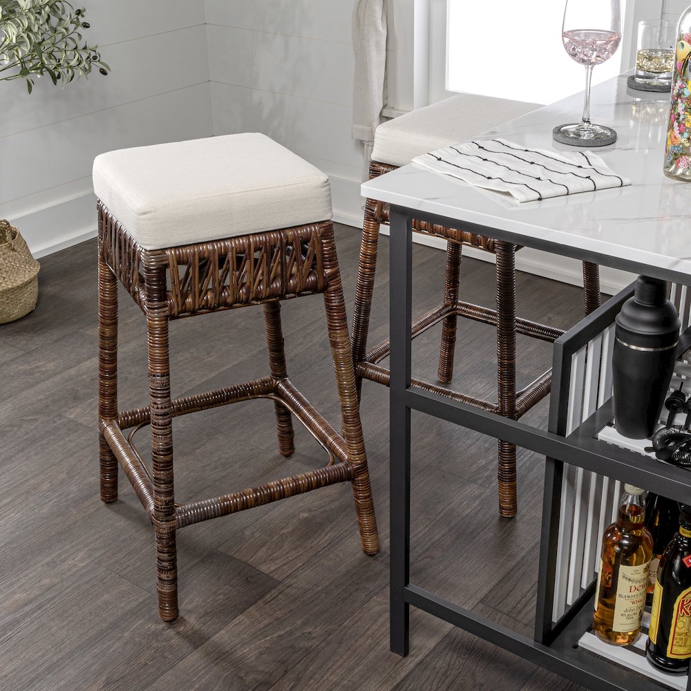 Bali 29.5" Bohemian Dark Brown Woven Rattan Backless Bar Stool with White. Picture 2