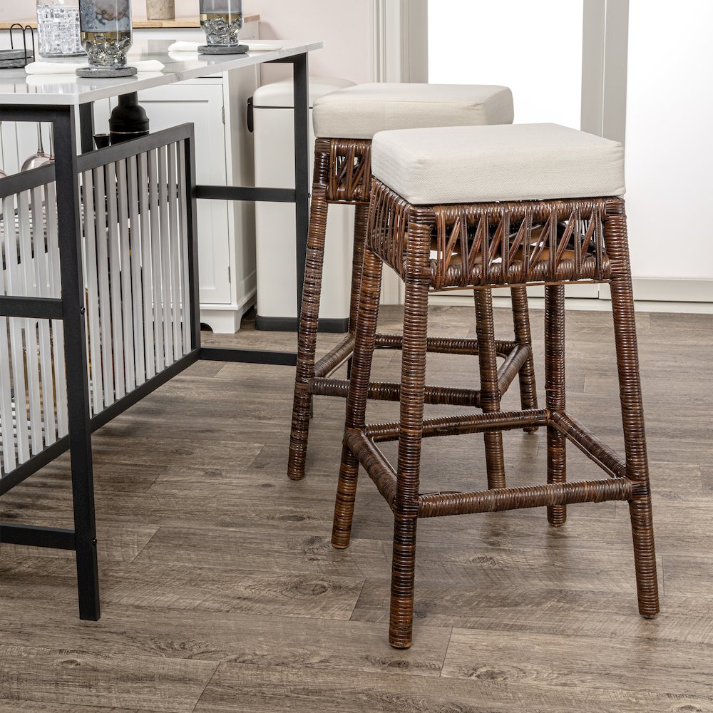Bali 29.5" Bohemian Dark Brown Woven Rattan Backless Bar Stool with White. Picture 3