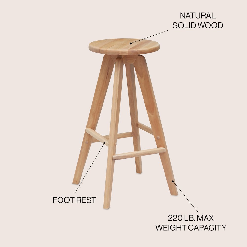 Ceren 30.5" Minimalist Solid Natural Wood Backless Bar Stool. Picture 2