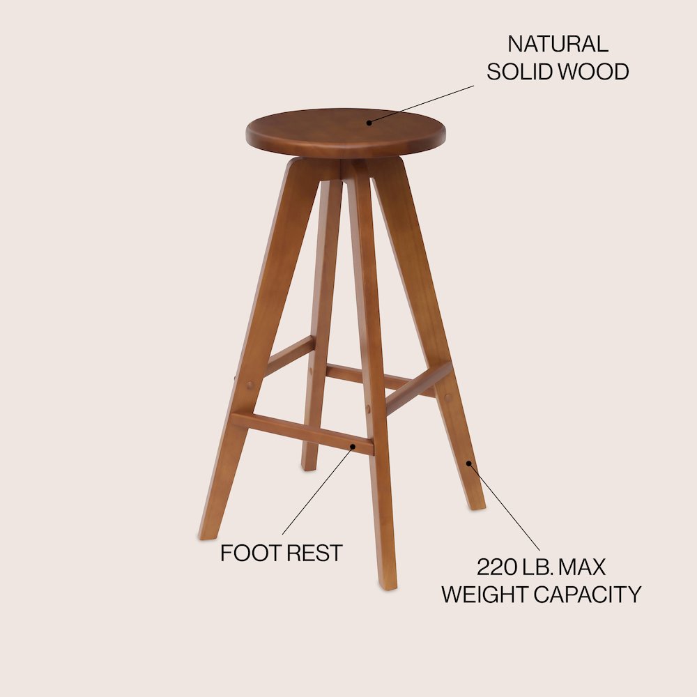 30.5" MidCentury Industrial Round Solid Wood Backless Bar Stool, Walnut Brown. Picture 2