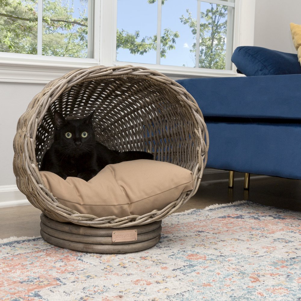 Socket Dome Bohemian Handwoven Rattan Cat Bed With Machine-Washable Cushion. Picture 2