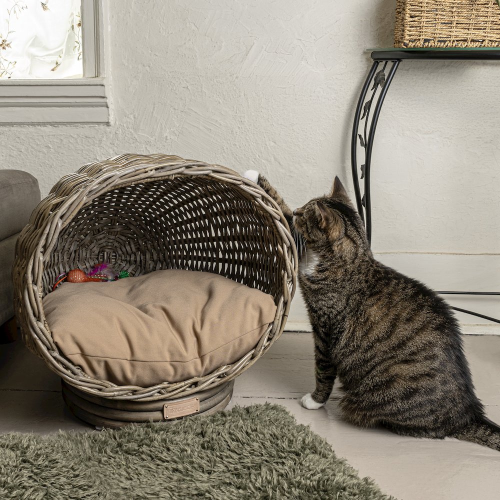 Socket Dome Bohemian Handwoven Rattan Cat Bed With Machine-Washable Cushion. Picture 3