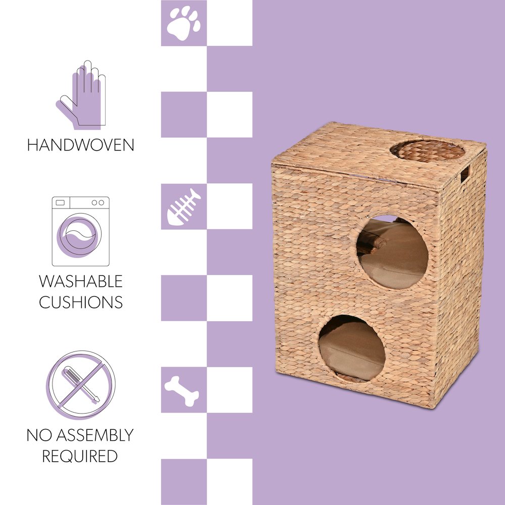 Modern Classic 2-Tier Handwoven Hyacinth Rectangular 5-Hole Cat Condo. Picture 1