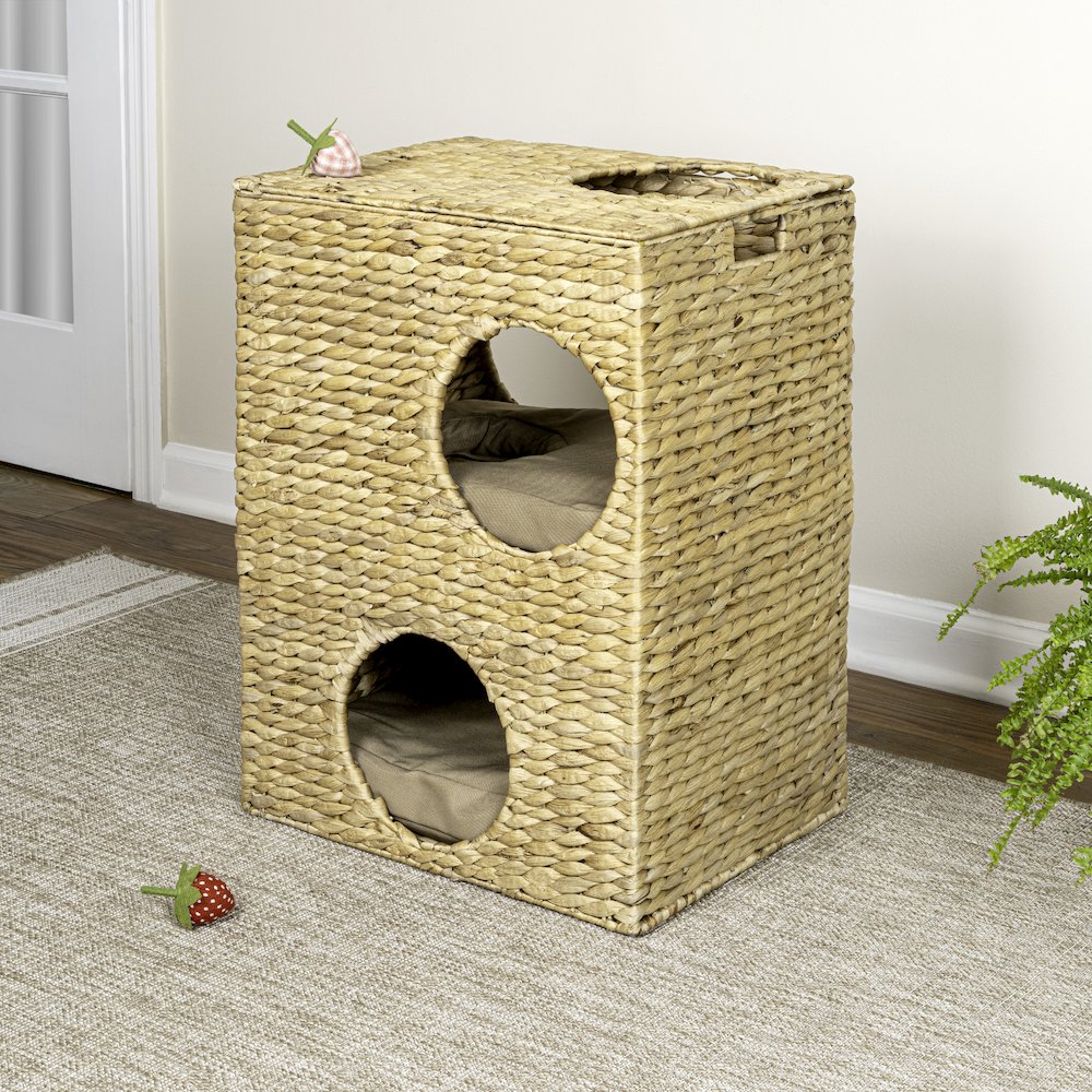 Modern Classic 2-Tier Handwoven Hyacinth Rectangular 5-Hole Cat Condo. Picture 3