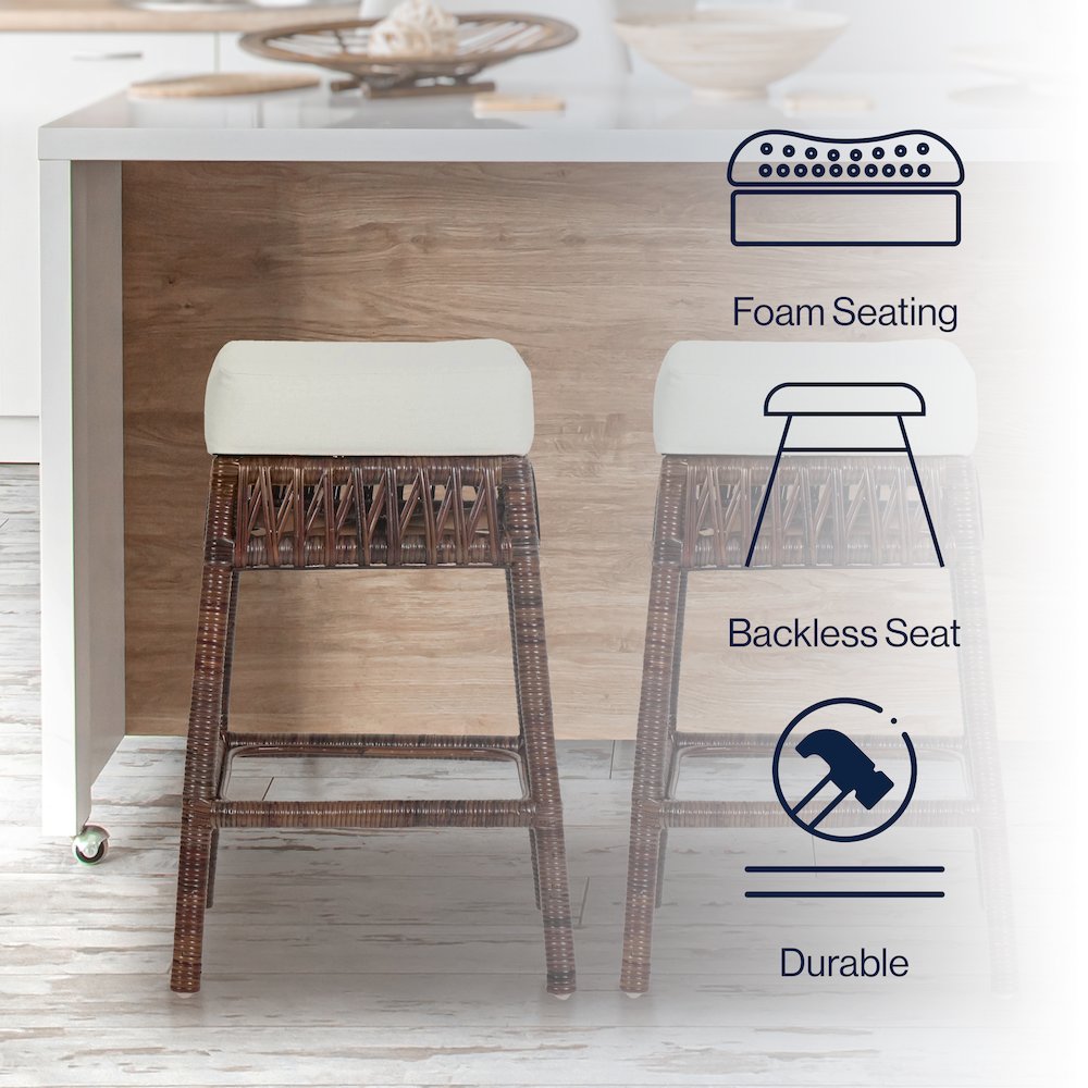 Bali 25.6" Bohemian Dark Brown Woven Rattan Backless Counter Stool with White. Picture 5