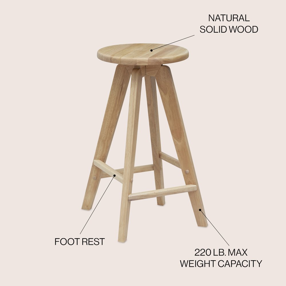 25.5" MidCentury Industrial Round Solid Wood Backless Counter Stool, Natural. Picture 2