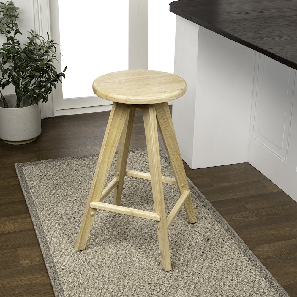 25.5" MidCentury Industrial Round Solid Wood Backless Counter Stool, Natural. Picture 3