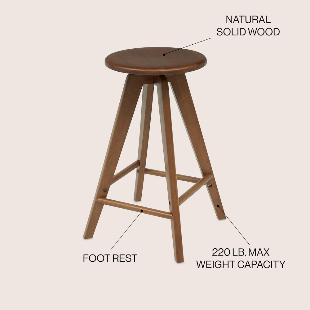 Ceren 25.5" Minimalist Solid Walnut Brown Wood Backless Counter Stool. Picture 2