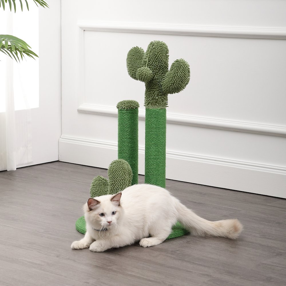 Marfa Modern Jute Triple-Cactus Cat Scratching Post With Fuzzy Toy. Picture 1