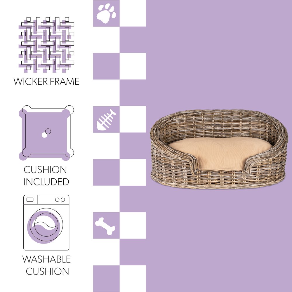 Curvy Classic Handwoven Rattan Dog Bed With Machine-Washable Cushion. Picture 6