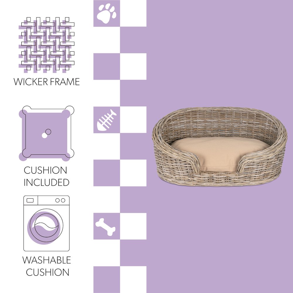 Curvy Classic Handwoven Rattan Dog Bed With Machine-Washable Cushion. Picture 6