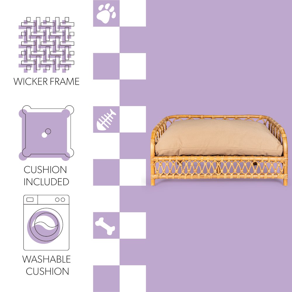 Elevated Bohemian Handwoven Rattan Dog Daybed With Machine-Washable Cushion. Picture 6