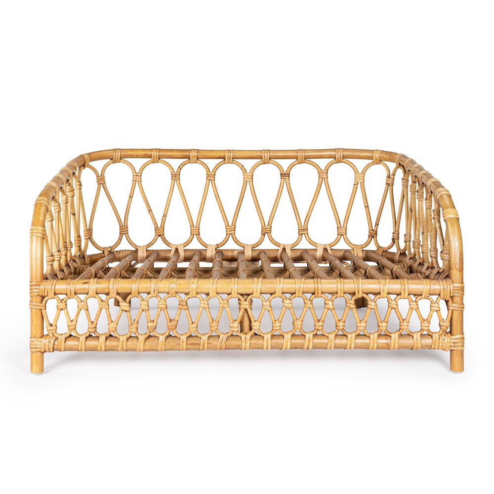 Elevated Bohemian Handwoven Rattan Dog Daybed With Machine-Washable Cushion. Picture 1