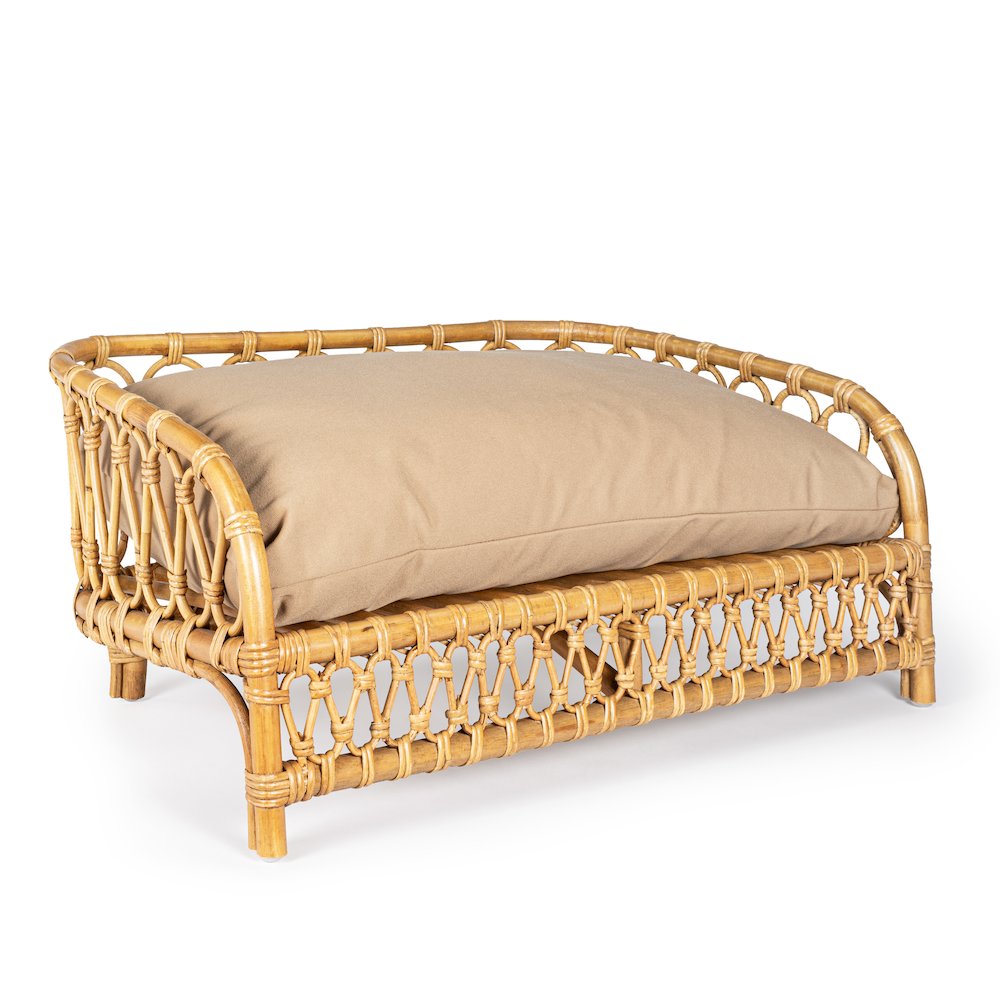 Elevated Bohemian Handwoven Rattan Dog Daybed With Machine-Washable Cushion. Picture 2