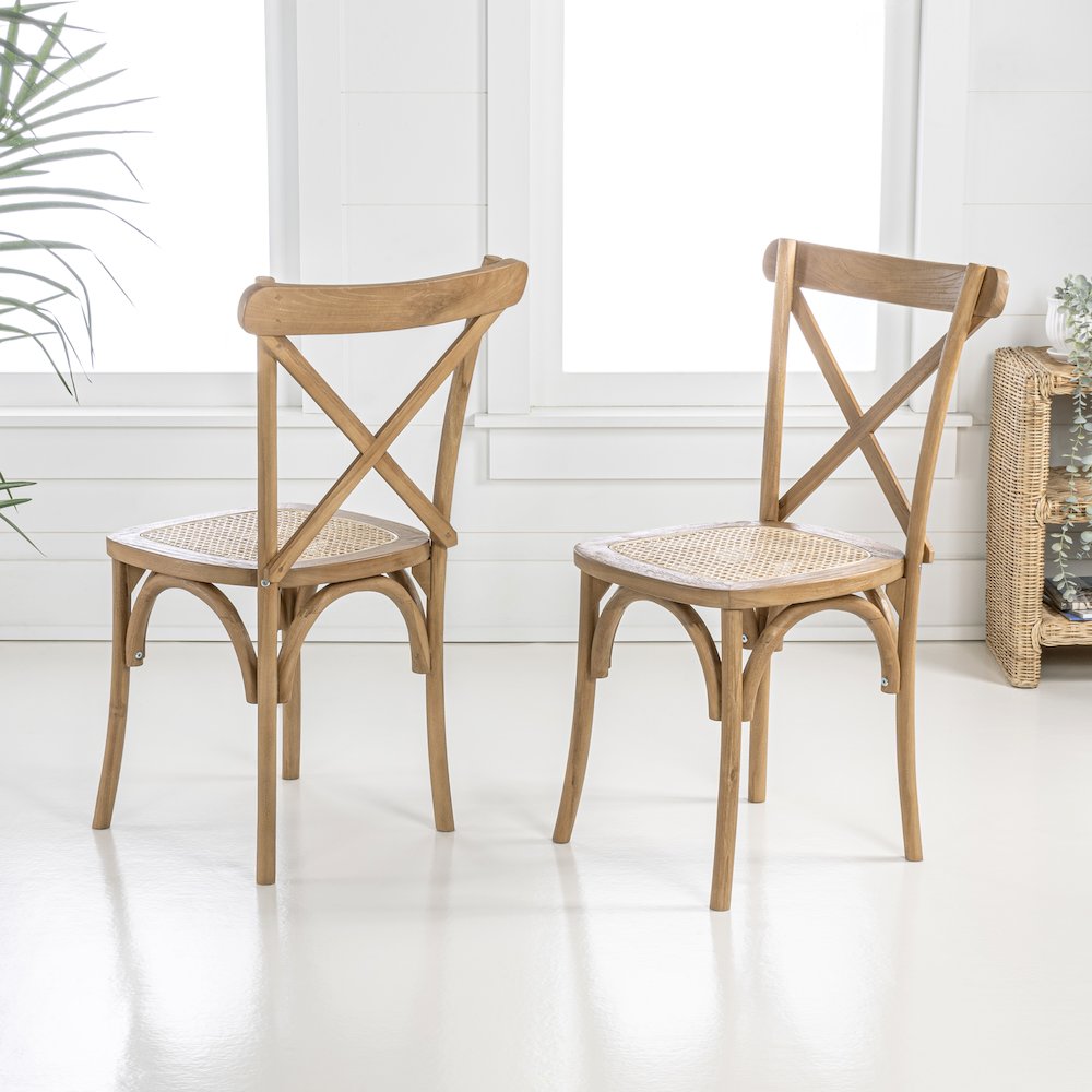 Cassis Farmhouse Natural Solid Teak Wood Cross-Back Dining Chairs, Set of 2. Picture 1