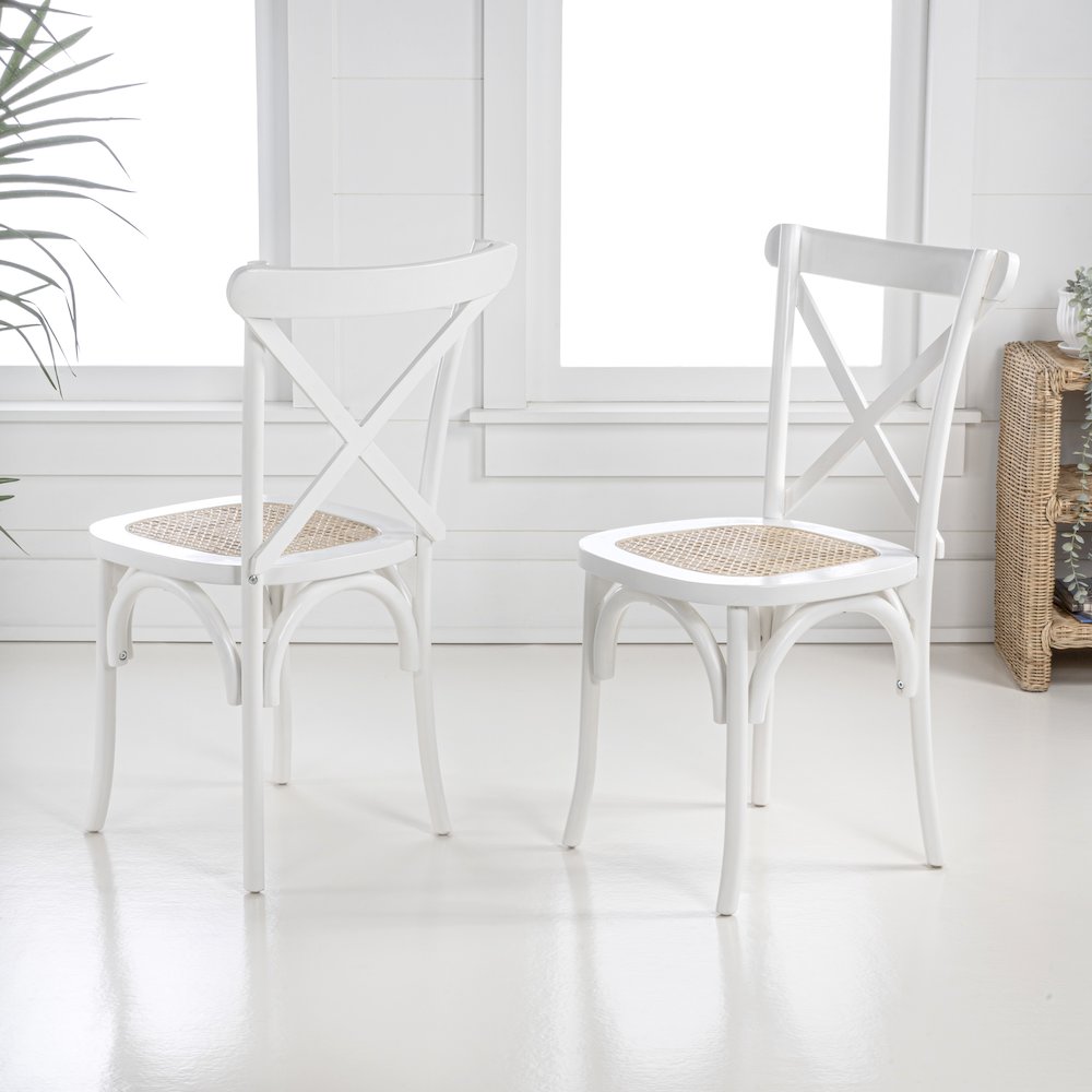Cassis Farmhouse White Solid Mahogany Wood Cross-Back Dining Chairs, Set of 2. Picture 1