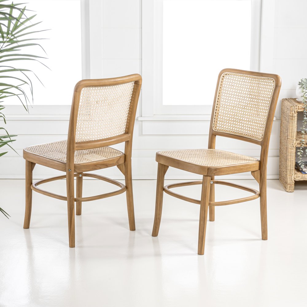 Colmar Mid-Century Natural Teak Wood & Woven Rattan Cane Back Dining Chairs. Picture 1