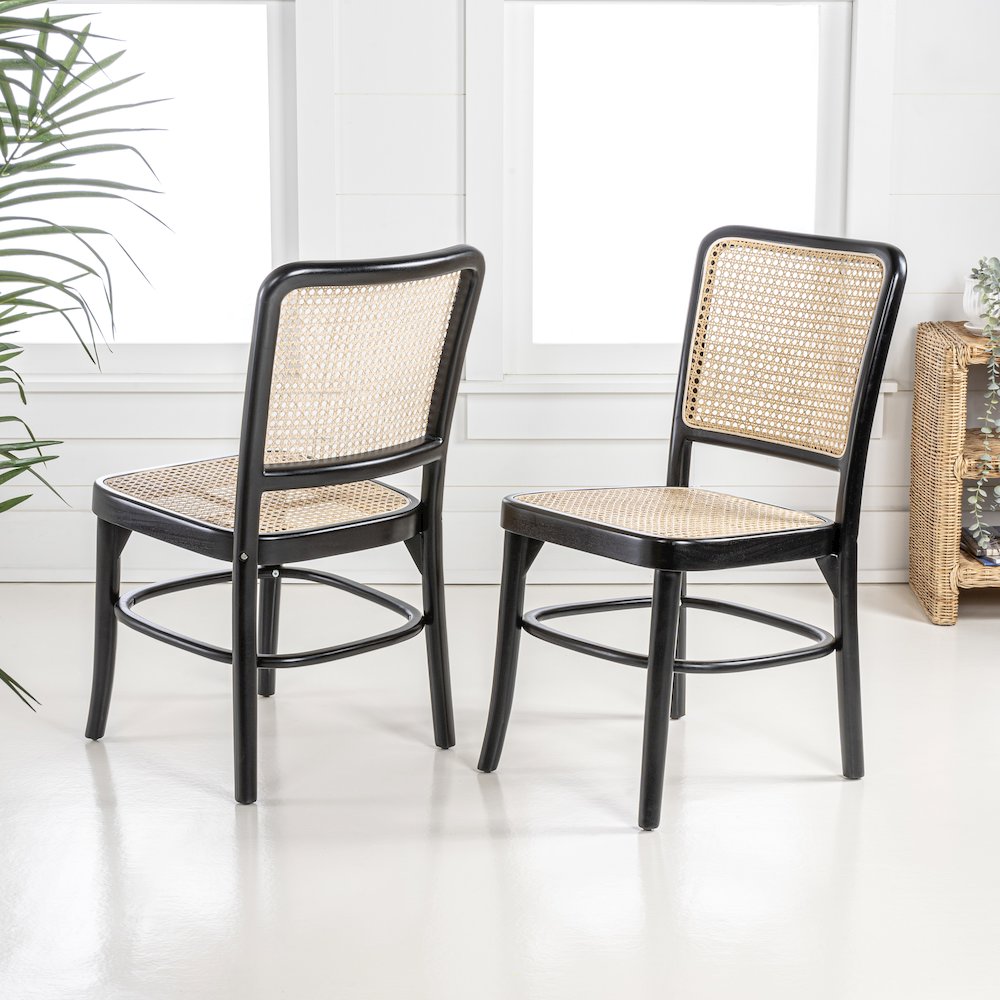 Colmar Mid-Century Black Mahogany Wood & Woven Rattan Cane Back Dining Chairs. Picture 1