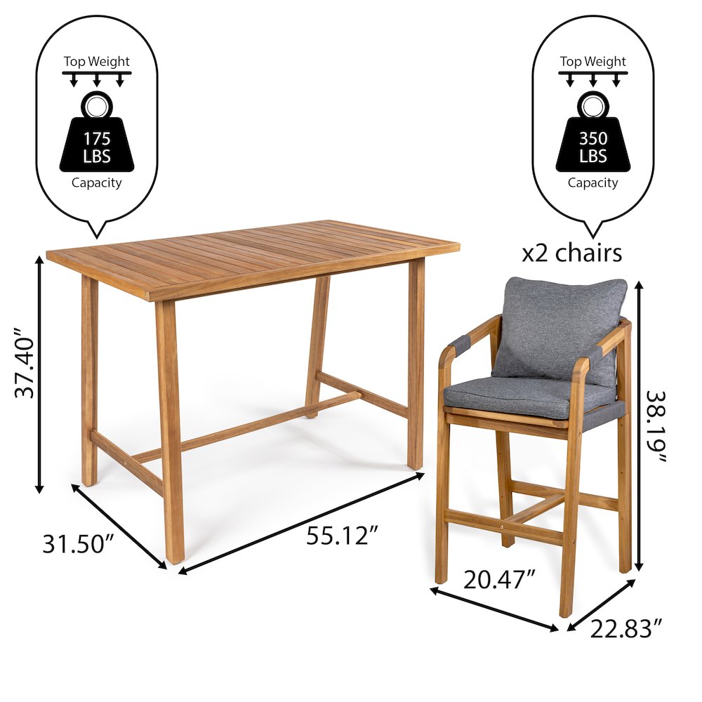 Porto Modern Coastal 3-Piece Acacia Wood Outdoor Bar Set With Cushions. Picture 5