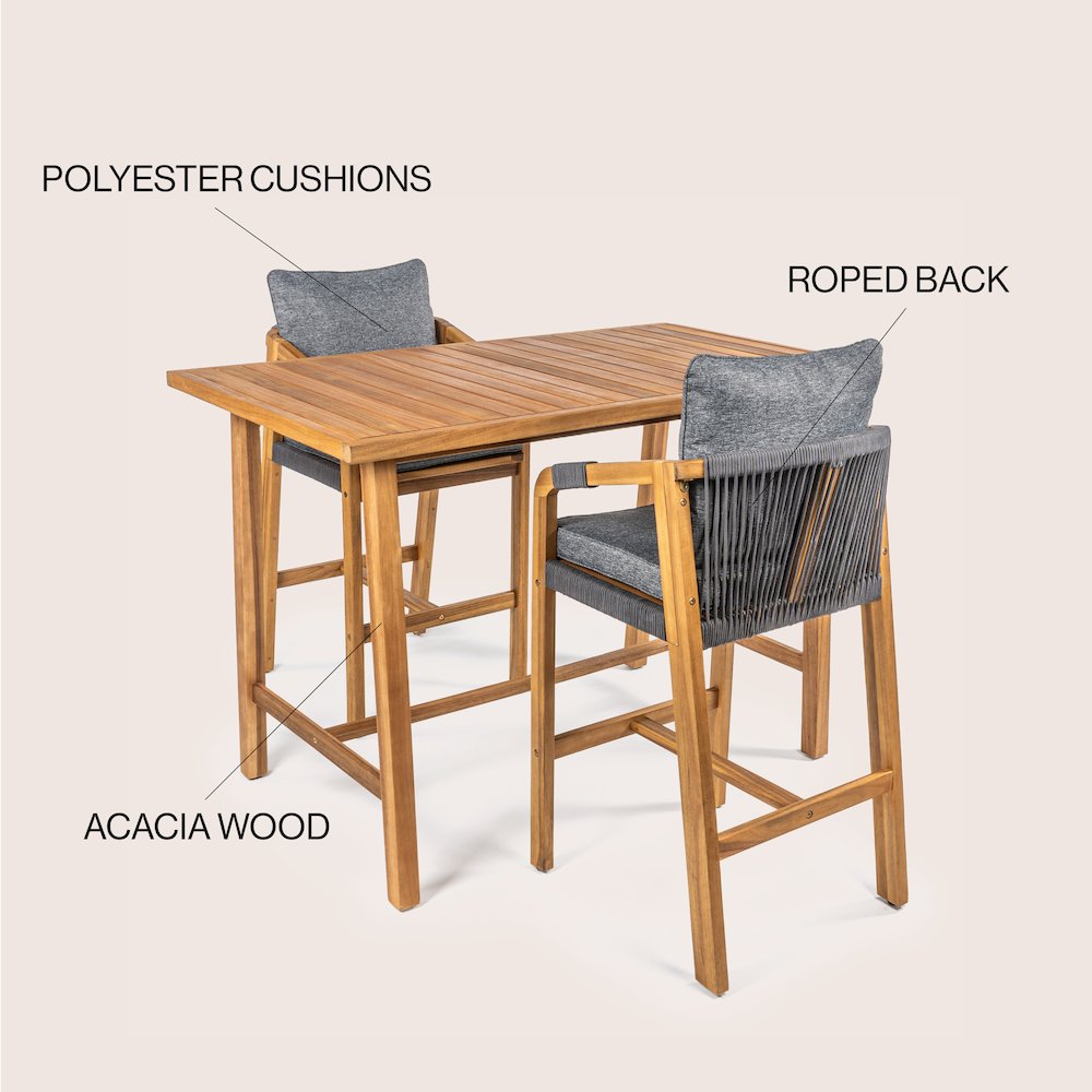 Porto Modern Coastal 3-Piece Acacia Wood Outdoor Bar Set With Cushions. Picture 6