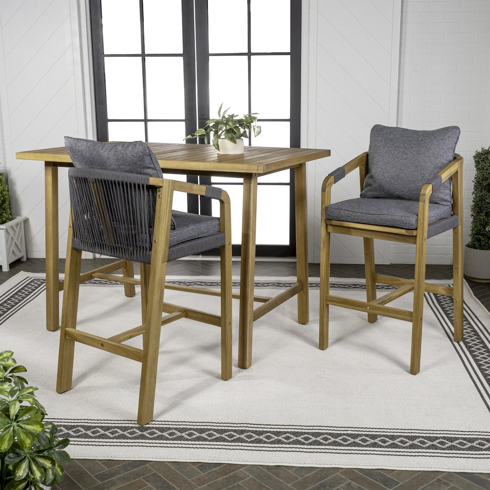 Porto Modern Coastal 3-Piece Acacia Wood Outdoor Bar Set With Cushions. Picture 1