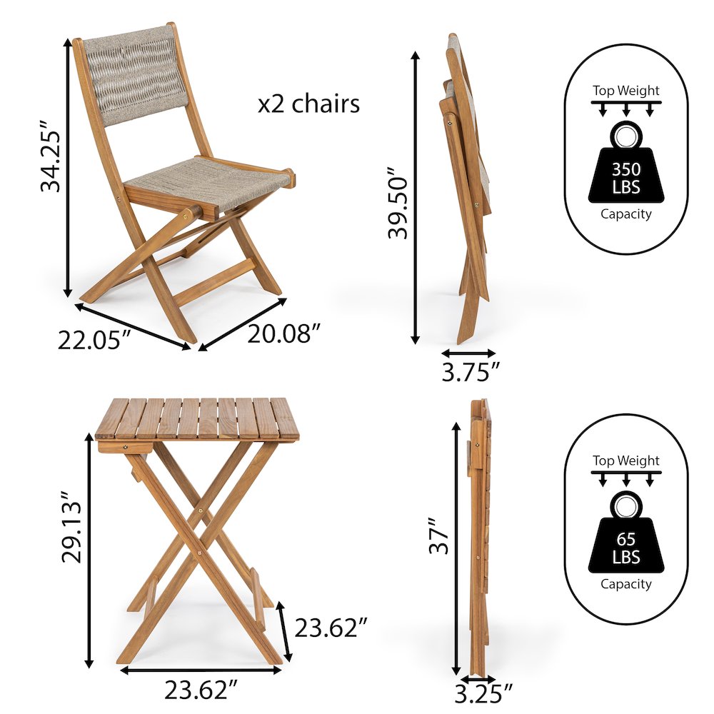 Javea Bohemian 3-Piece Teak Brown Acacia Wood Outdoor Folding Bistro Set with. Picture 6