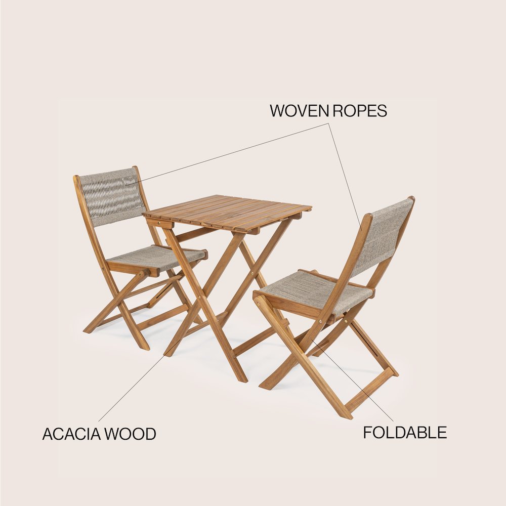 Javea Bohemian 3-Piece Teak Brown Acacia Wood Outdoor Folding Bistro Set with. Picture 7
