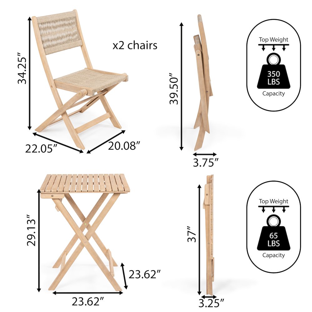 Javea Bohemian 3-Piece Light Teak Acacia Wood Outdoor Folding Bistro Set with. Picture 6