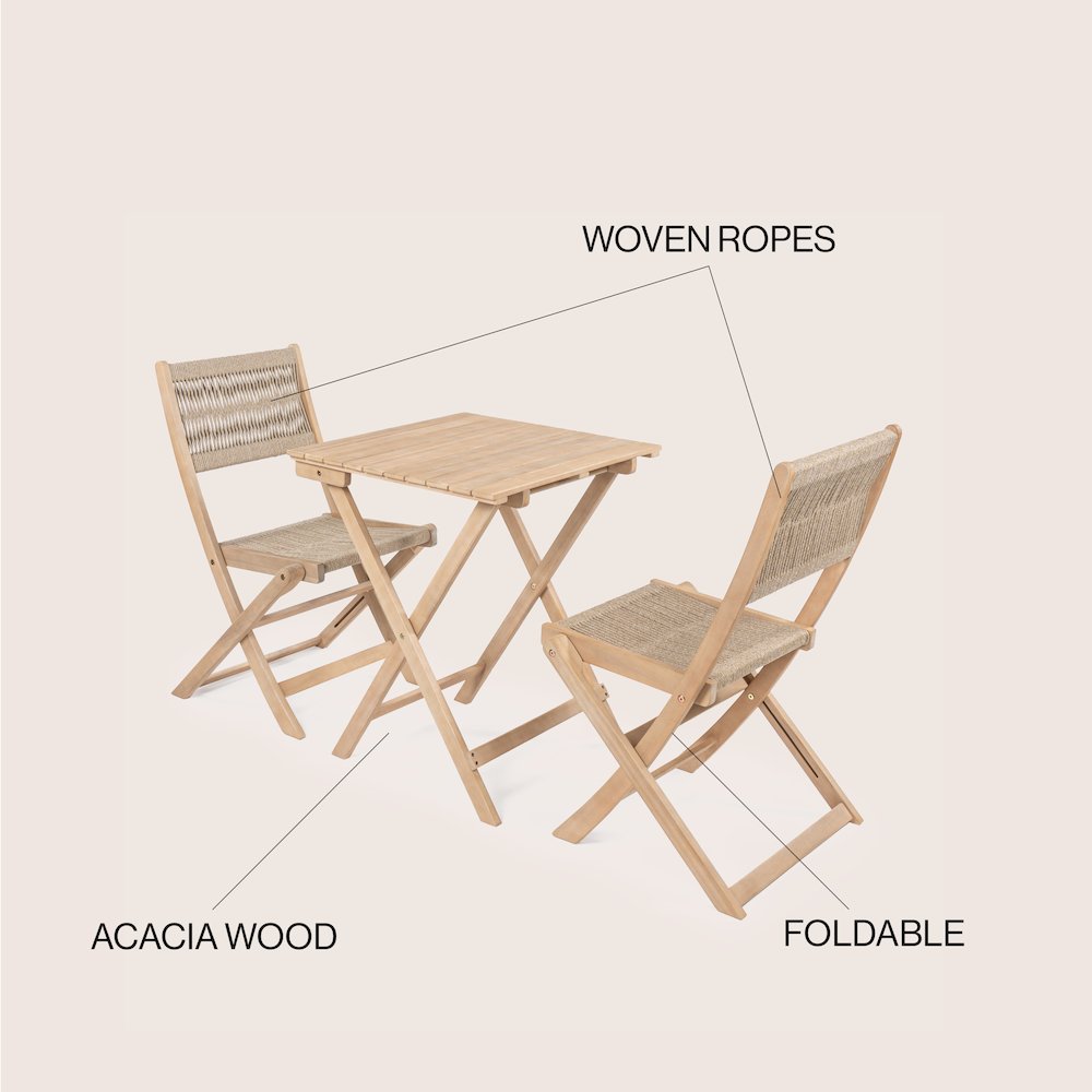 Javea Bohemian 3-Piece Light Teak Acacia Wood Outdoor Folding Bistro Set with. Picture 7