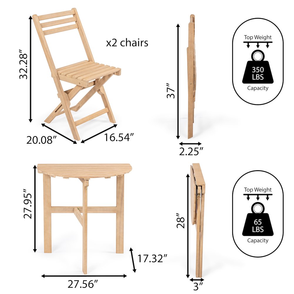 Cadiz Classic 3-Piece Solid Acacia Wood Outdoor Folding Bistro Set. Picture 5