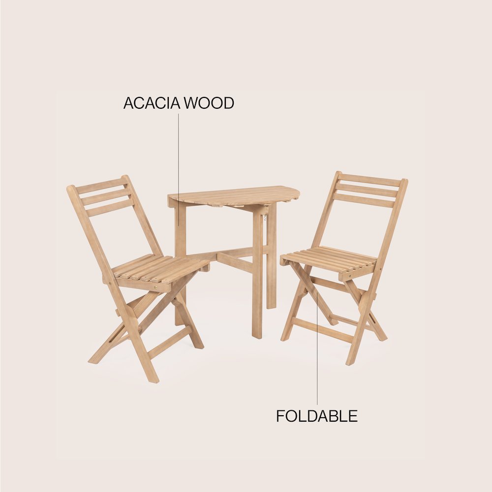 Cadiz Classic 3-Piece Solid Acacia Wood Outdoor Folding Bistro Set. Picture 6