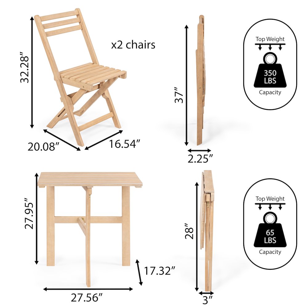 Nerja 3-Piece Solid Acacia Wood Folding Patio Bistro Set - Light Teak Outdoor. Picture 5