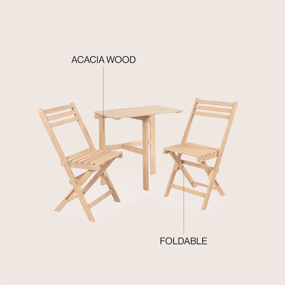 Nerja 3-Piece Solid Acacia Wood Folding Patio Bistro Set - Light Teak Outdoor. Picture 6